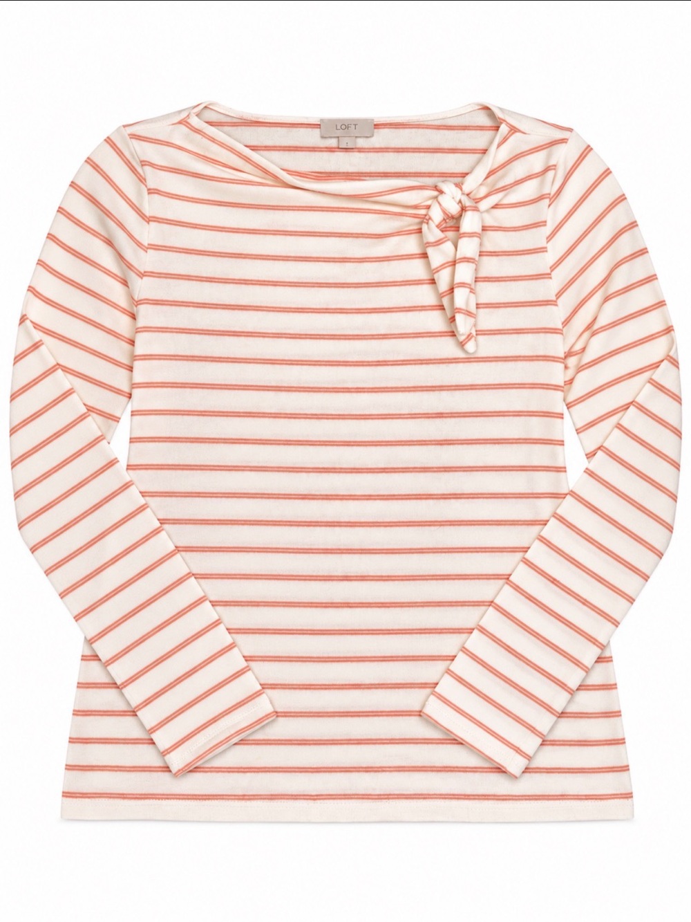 LOFT Outlet MP Coral White Striped Tie Neck Long Sleeve Knit Top Petite